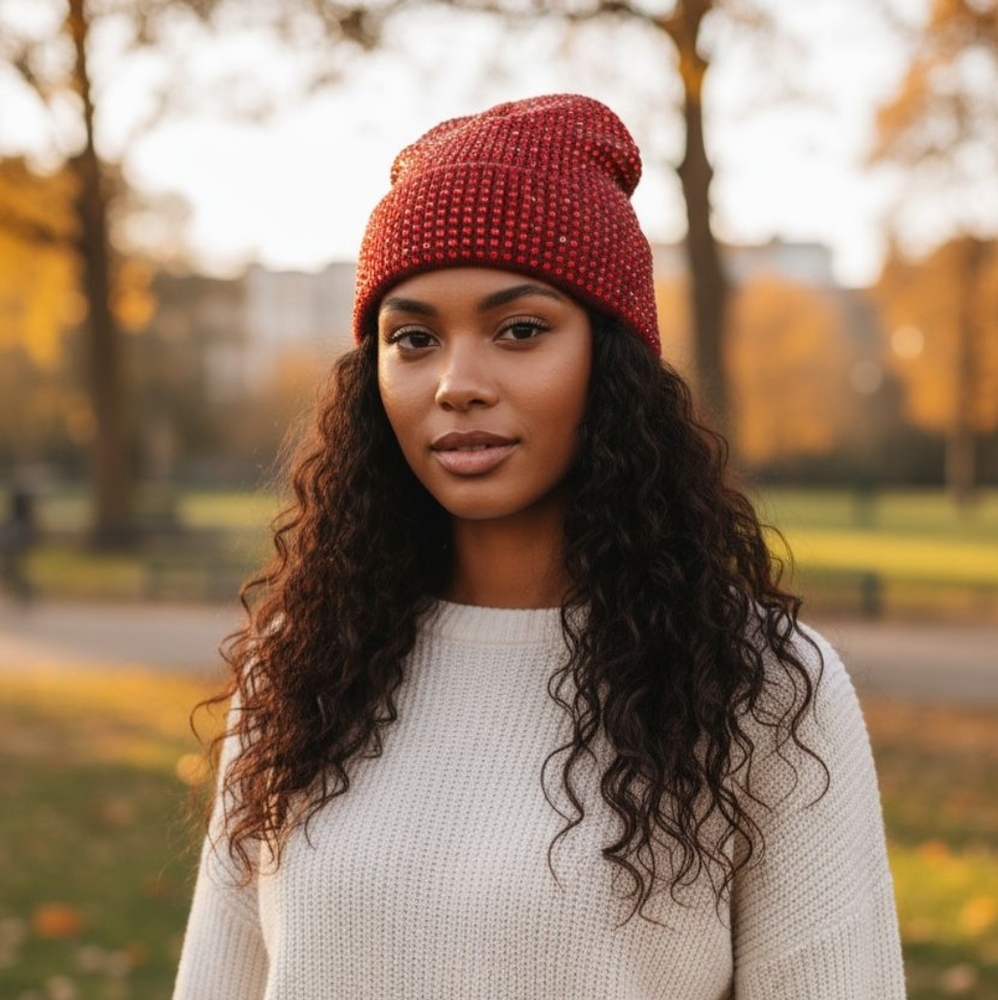 Stylish Red Knit Bedazzled Beanie.